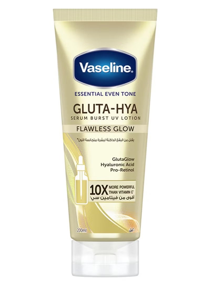 Gluta-Hya Serum Burst UV, Flawless Glow, Essential Even Tone Body Lotion 200ml